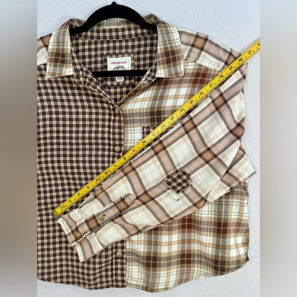 Women’s American Eagle Cozy Cabin Cropped Flannel Brown Elbow Patch Sz M - Picture 5 of 7